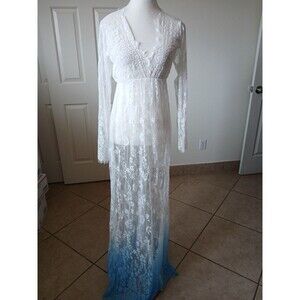 Elegant White and Blue Lace Maxi Dress